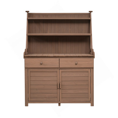 Assembly Video Provided 65Inch Garden Potting Bench Table, Fir Wood Workstation With Storage Shelf, Drawer And Cabinet, Brown