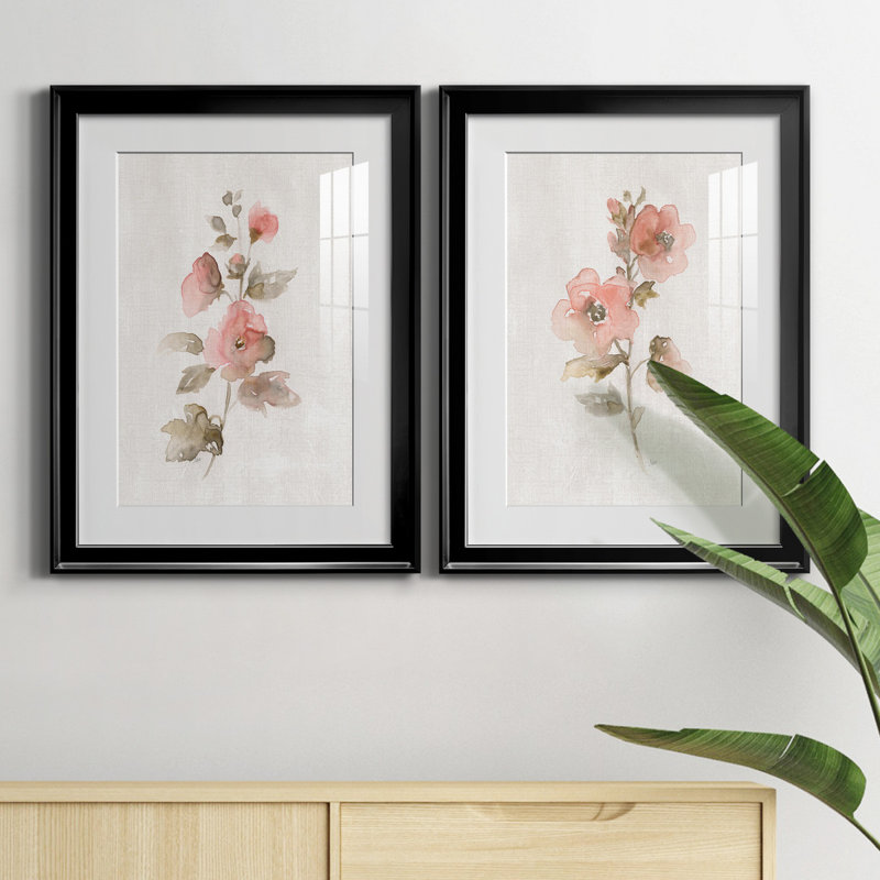 «Blush Sweetly I», ensemble de 2 reproductions d'art, H 22,5 po x l 61 po x P 1,5 po, Papier encadré noir, Blanc