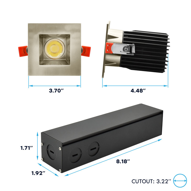 Luxrite 3 po Éclairage encastré à DEL sans cadre avec garniture carrée en nickel brossé interchangeable, 15 / 20W, 1450 / 2100LM, intensité variable, intensité variable 60 °, paquet de 4