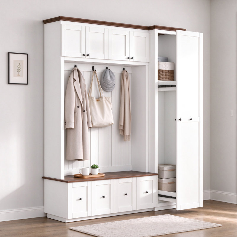 78.7''h Entryway Hall Tree With Storage Bench, 5-in-1 Hall Tree Farmhouse Coat Rack Shoe Bench With Cabinets, Drawers & Hooks For Hallway, Entryway, Living Room, Mudroom