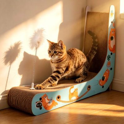 Grattoir pour chat en forme de L à double face avec jouet à ressort