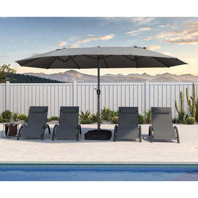 15ft Rectangle Outdoor Garden Table Gray Umbrella Double Sided Aluminum Rectangular Patio Market Umbrella with Base