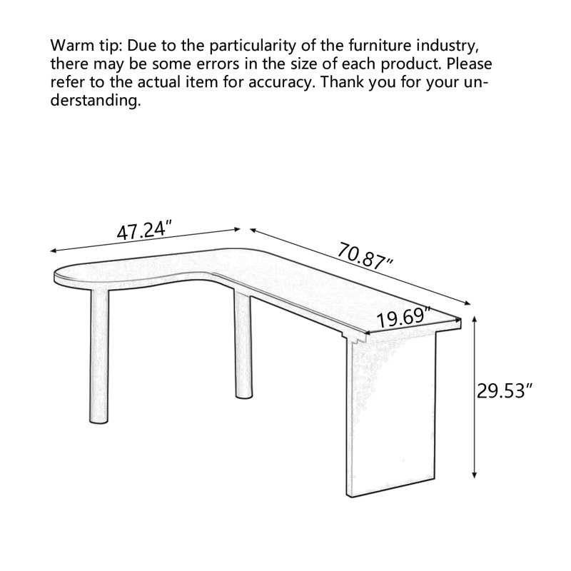 Black L-Shape Solid Wood Writing Desk, 29.53" H x 70.87" W x 47.24" D