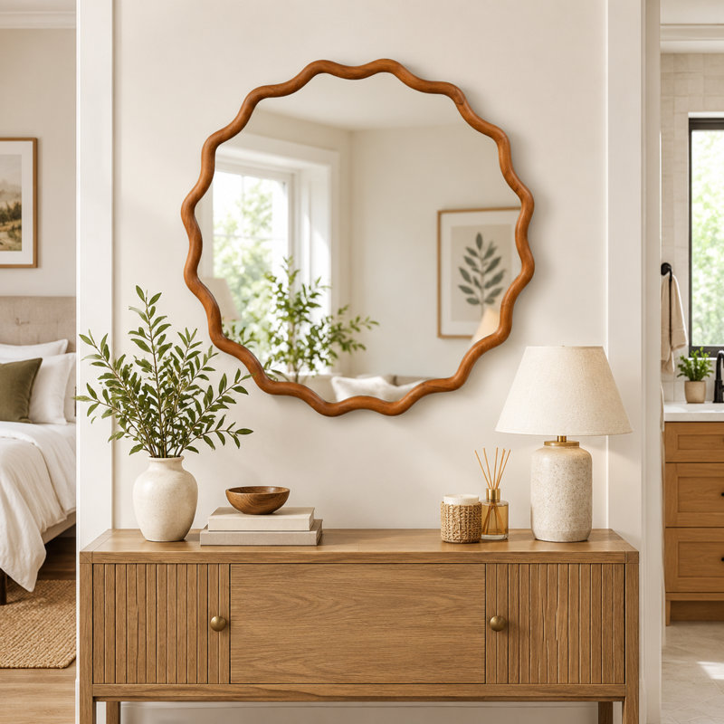 Miroir mural rond en bois massif ondulé de 36 pouces, finition brun jaunâtre, miroir encadré décoratif pour chambre à coucher, salle de bain, salon et entrée