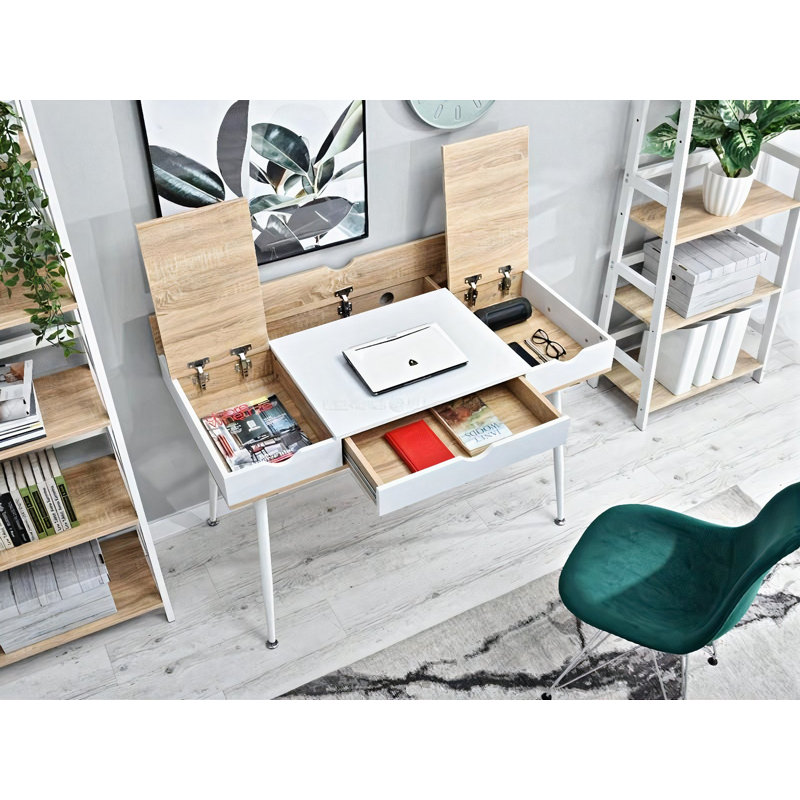 Theta Metal Base Writing Desk, White, Oak/White