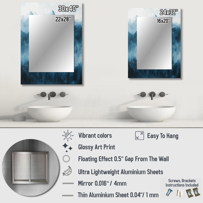 Modern African Elephant In The Mountains I - Elephant Unique Mirror, Blue Large Wall Mirror, Printed Metal Art, 32" x 24"