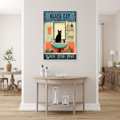 «Black Cat Wash Your Paws», reproduction d'art rectangulaire sur toile tendue 2 pièces