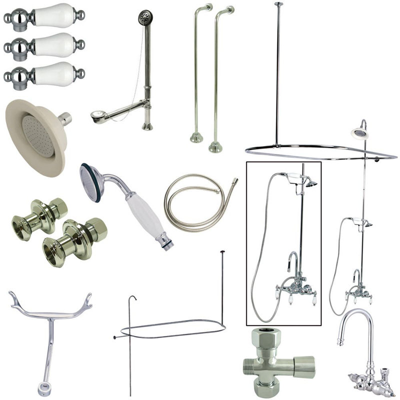 Kingston Brass Vintage Three-Handle 2-Hole Tub Wall Mount Clawfoot Tub Faucet Package with Shower Enclosure and Hand Shower