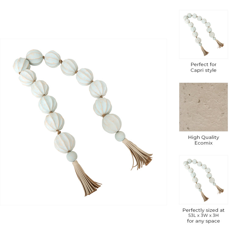 Decorative Ecomix and Leather Bead Strand with Tassel Accents and Textured Round Design for Stylish Home Accents and Modern Boho-Inspired Decor - Light Blue
