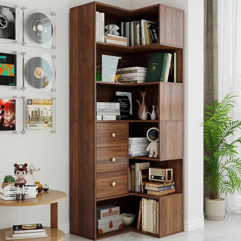 71" H 6-Tier Corner Bookcase with 3 Drawers