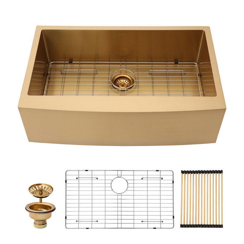 Farmhouse Apron Single Bowl Stainless Steel Kitchen Sink, Gold