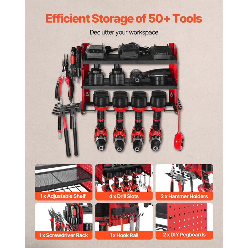 Support mural pour outils électriques, support de rangement à 3 couches avec 4 porte-perceuses, support à outils et support de rangement avec panneaux perforés latéraux, organisateur pour outils de garage, établi et atelier