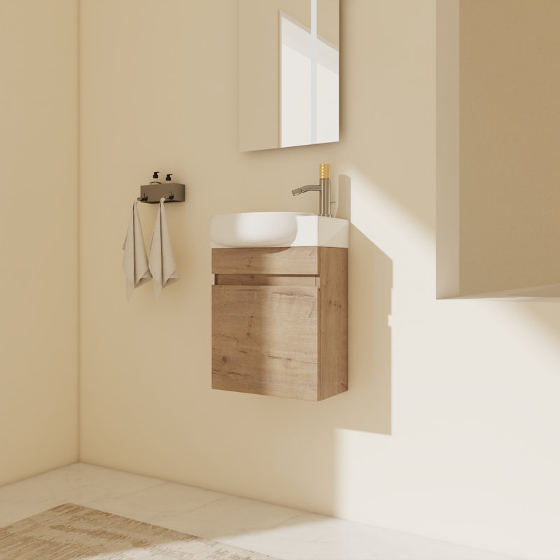 Hermanna 17" Wall Mounted Single Bathroom Vanity With Ceramic Top, Imitative Oak X