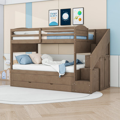 Twin XL over Twin XL Wood Bunk Bed with Trundle, Drawers and Built-in Wardrobe