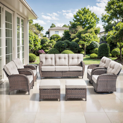 Agnes 7 Person Outdoor Wicker Patio T-Back Cushions Conversation Furniture With Ottomans