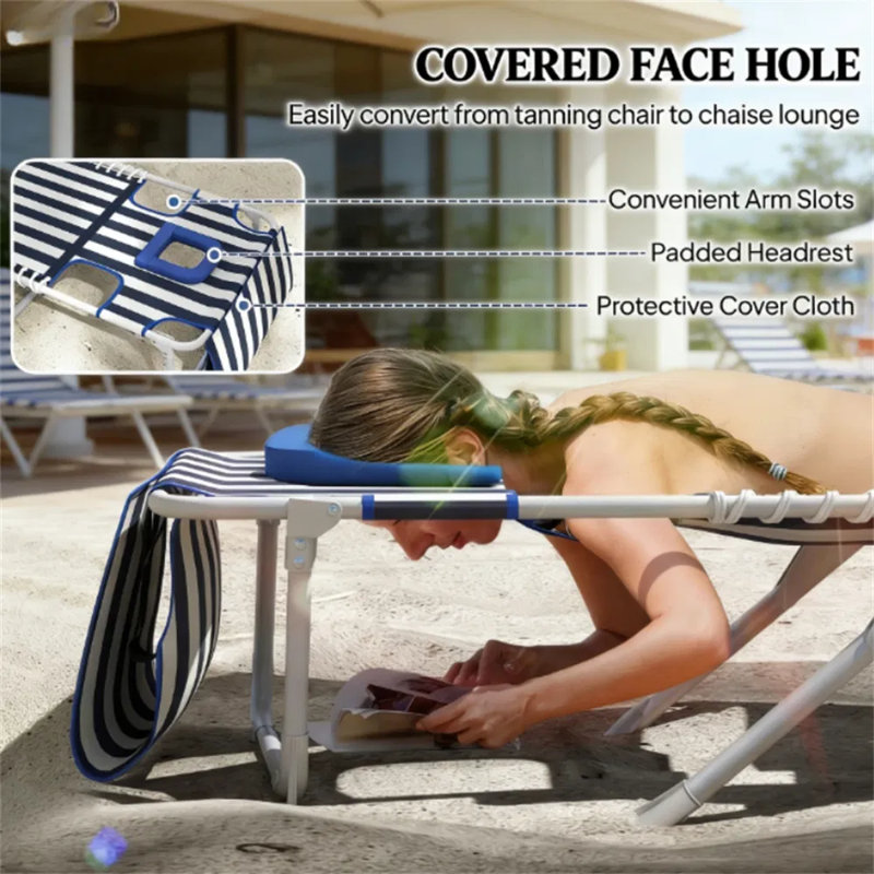 Beach Chair With Face & Arm Holes, 5-Position Adjustable Patio Lounger With Headrest