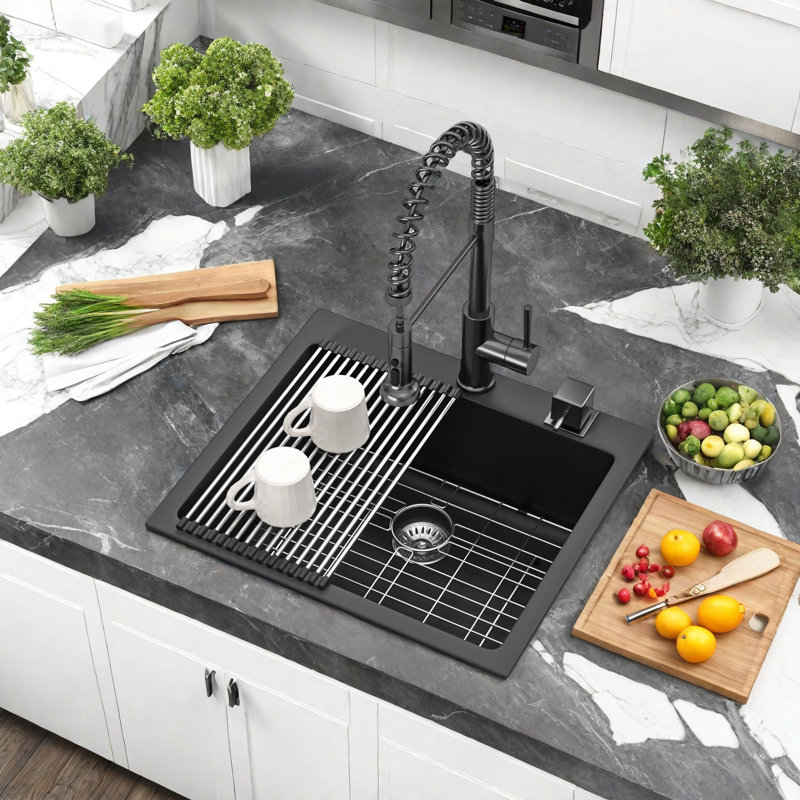 25 Inch Black Quartz Kitchen Sink, Drop-in Topmount Single Bowl Granite Composite Sink with Roll-Up Drying Rack, Basket Strainer & Bottom Grid, 9.65" Deep, Rear Drain Design