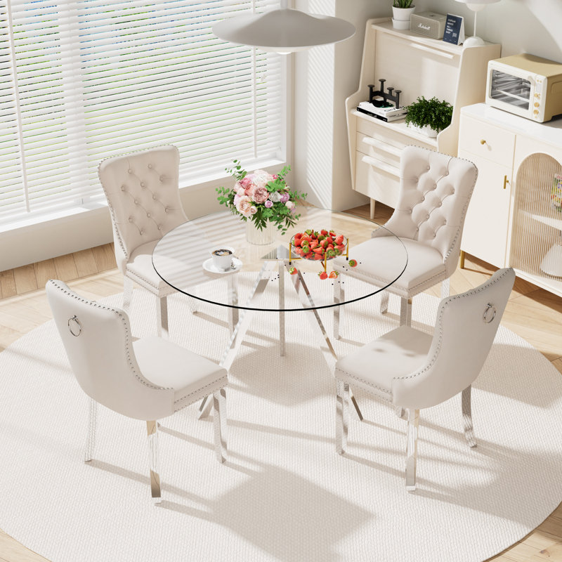 Round Dining Table Set for 4, Beige, 30" H x 39" W x 39" D