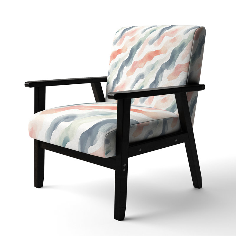Coastal Upholstered Chair - Wave Soft stripes Coral Arm Chair, Black Square Arms