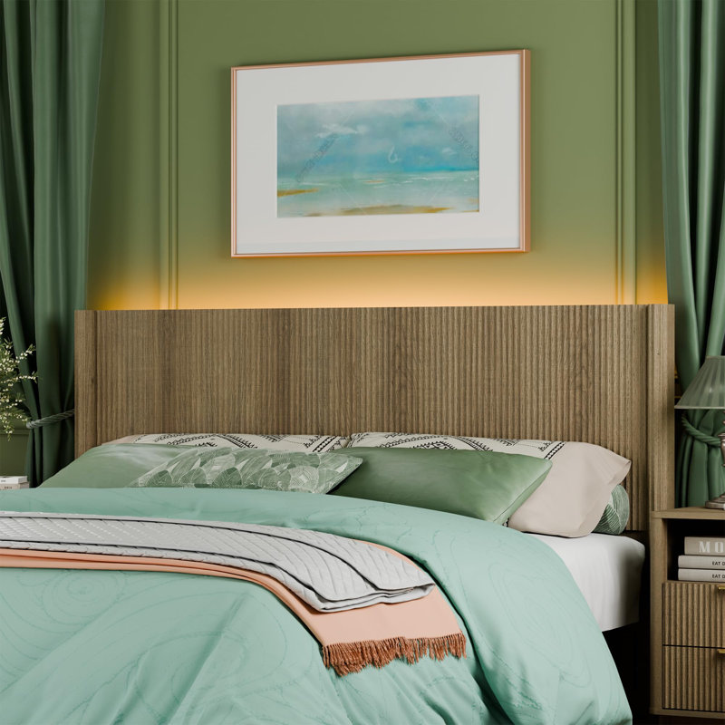 Queen Size Headboard Modern Fluted Wall-Mounted Head Board With Lighting, Yellow, Queen