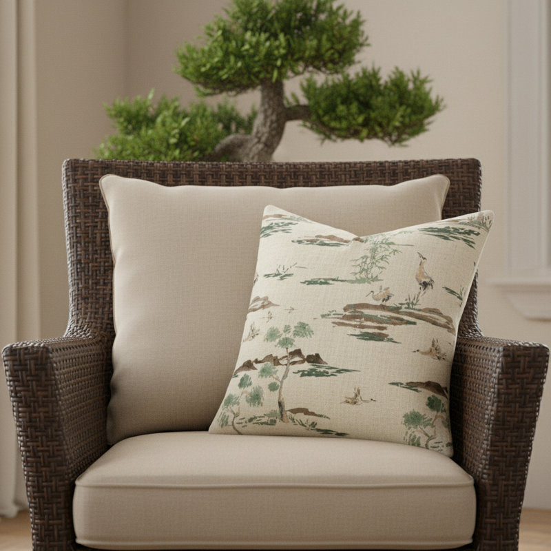 Akari Square Pillow Cover & Insert, Ivory/Cream/Beige/Green