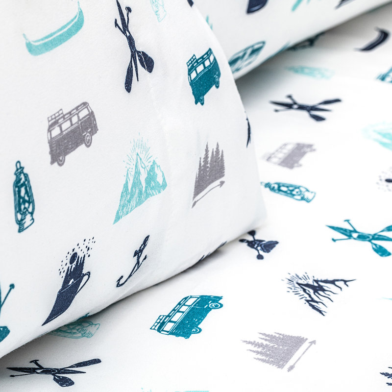Twin White and Blue Microfiber Graphic Sheet Set