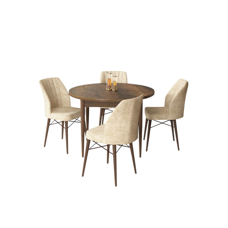 Ensemble de table et chaises de salle à manger moderne 5 pièces, baroque et crème, 35,4 po x 29,5 po x 35,4 po Modern | Panneau en carton 100% enduit de mélamine, pieds en bois, structure en métal, dossier en mousse confortable 22 pouces et siège en mousse 28 pouces | Conception élégante et durable pour tout espace repas