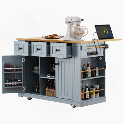 53Inch Large Kitchen Island With Drop Leaf,Power Outlet,Door Internal Storage Rack,Rolling Kitchen Cart On 5 Wheels With 5 Open Side Racks For Kitchen,Grey Blue(Two Packages)(Stools Not Included)