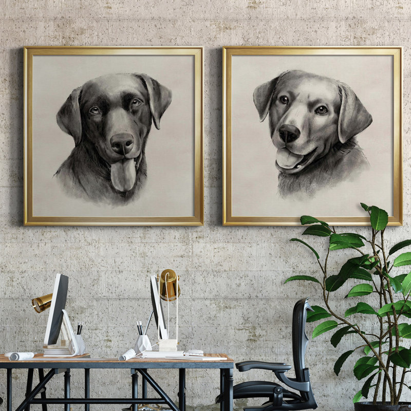 «Charcoal Labrador I», ensemble de 2 reproductions d'art sur toile, H 26,5 po x l 53 po x P 1,5 po, Toile encadrée d'or