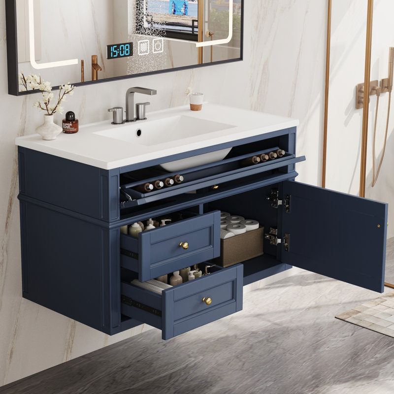 Meuble-lavabo mural 36 po, armoire de rangement flottante avec 2 tiroirs, 1 tiroir basculant, lavabo simple en céramique à 3 trous, armoire moderne.