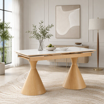 Extendable Dining Table with Stone Top and Tapered Metal Legs