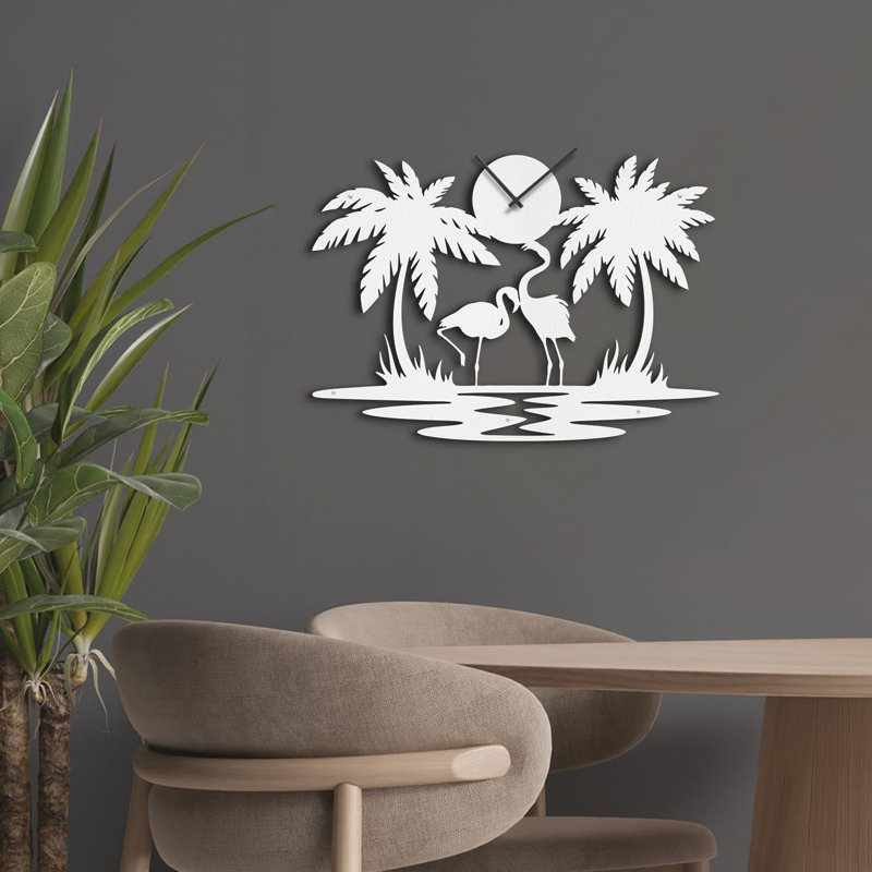 Grande horloge murale en métal palmier tropical, L 36 po x H 36 po, Blanc