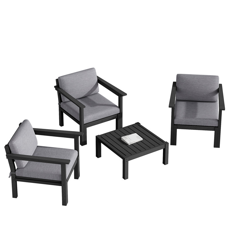 Ensemble de conversation modulaire de patio pour 3 personnes avec coussins, ensemble de conversation 4 pièces imperméable toutes saisons pour l'extérieur, noir
