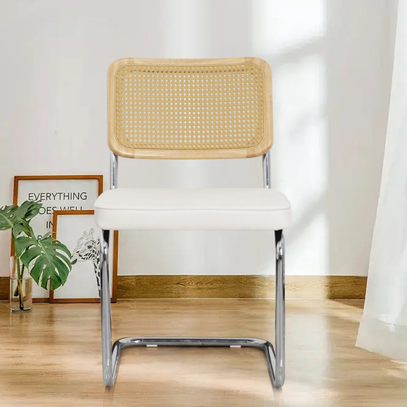 Velvet and Teddy Fabric Upholstered Side Chair with Cane Rattan Back, White Velvet, Silver
