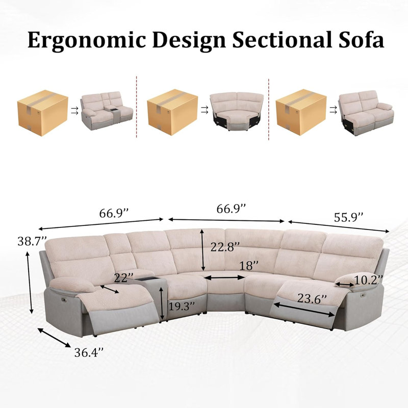 Ensemble de canapé modulaire inclinable électrique 3 pièces en tissu de qualité supérieure avec chargeur sans fil, console de rangement et éclairage à DEL bleu