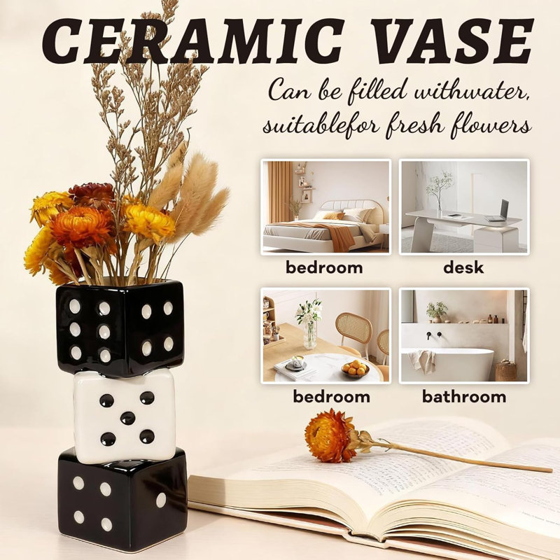 Vase en céramique Triple Dice - Centre de table décoratif moderne noir et blanc
