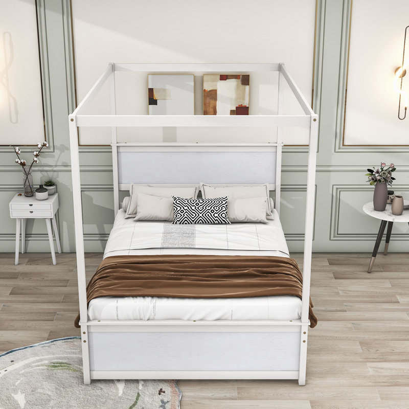 Hermelindo Full Size Wood Canopy Bed with Four Drawers, Brushed White