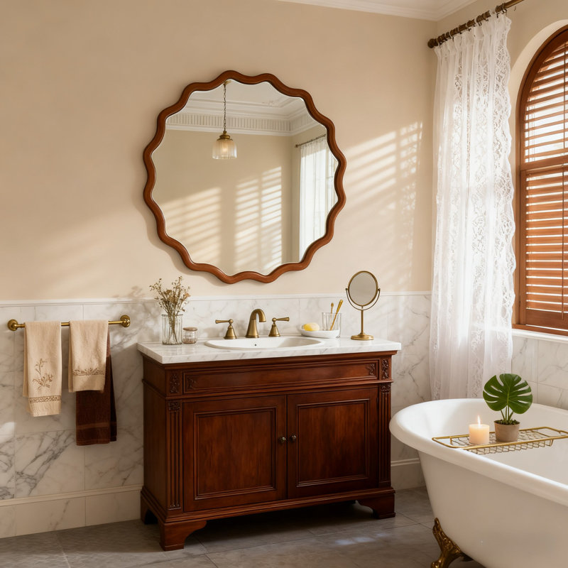 Miroir décoratif rond en bois massif Wavy, Brun jaune, 36 po x 36 po