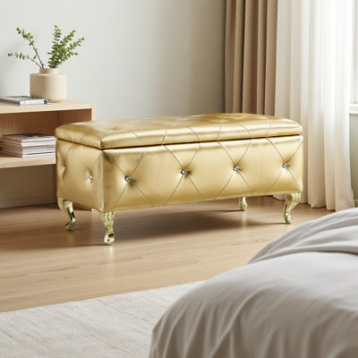 Upholstered Storage Ottoman Bench For Bedroom End Of Bed Faux Leather Rectangular Storage Benches Footrest With Crystal Buttons For Living Room Entryway