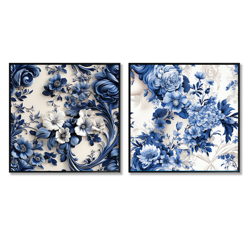 Olivier - Ensemble de 2 collages floraux carrés, Cadre flottant noir, H 16 po x l 33 po