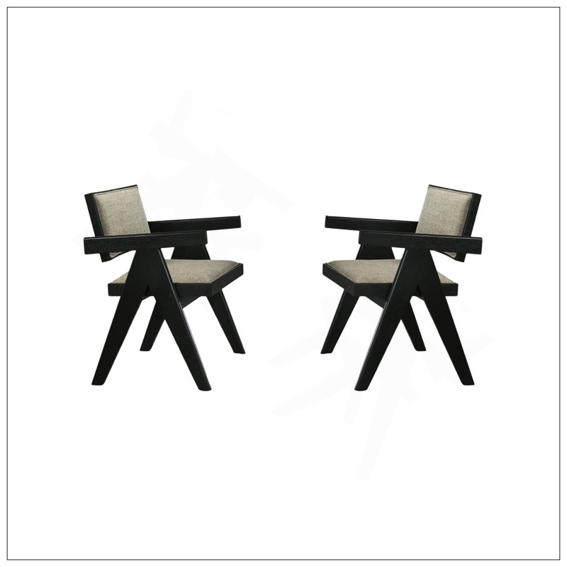Contemporary Black Colour 2Pc Dining Arm Chairs Light Grey Fabric Upholstered Chairs Plank Arms Dining Room