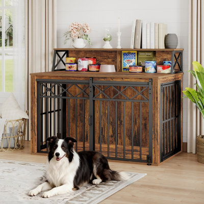 Meuble pour chien 39,4 po, grande cage en bois avec rangement et 3 portes, chenil d'intérieur pour chiens de taille moyenne / grande, table de bout avec porte de grange, à l'épreuve du mâchonnage et à l'épreuve de l'évasion, brun rustique