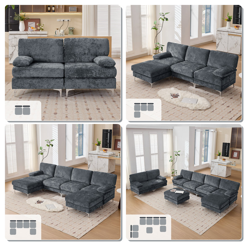 Oversized Upholstered 8 Seater Modular Sectional Sofa 3 Ottoman, Gray Chenille