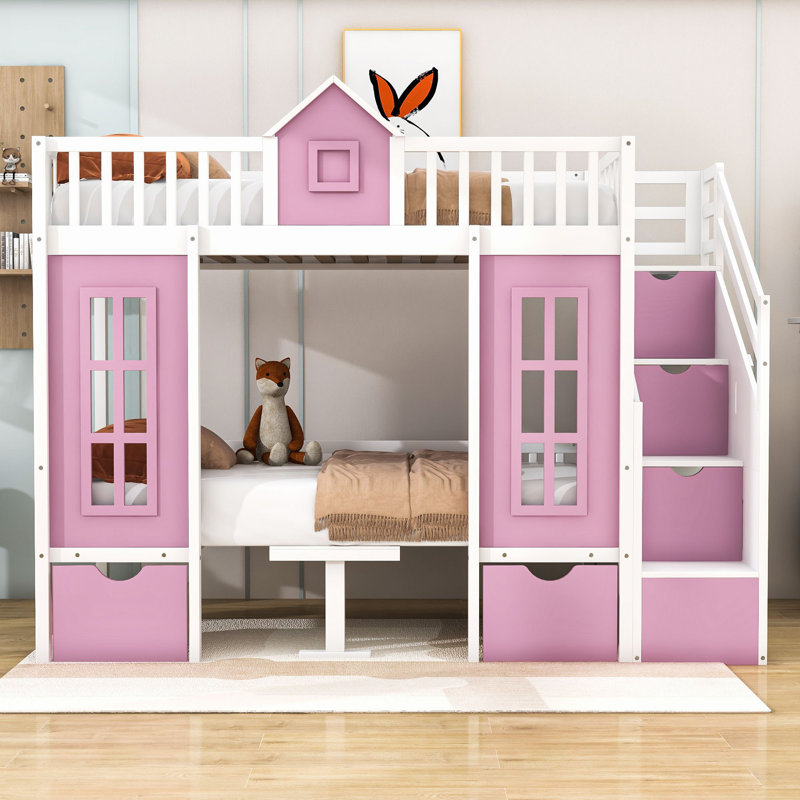 Anela Convertible Playhouse Wood Bunk Bed With Staircase And Drawers, Twin Over Twin, Pink