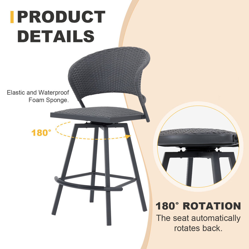 3 Pieces Patio Wicker Bar Set, Gray/Beige