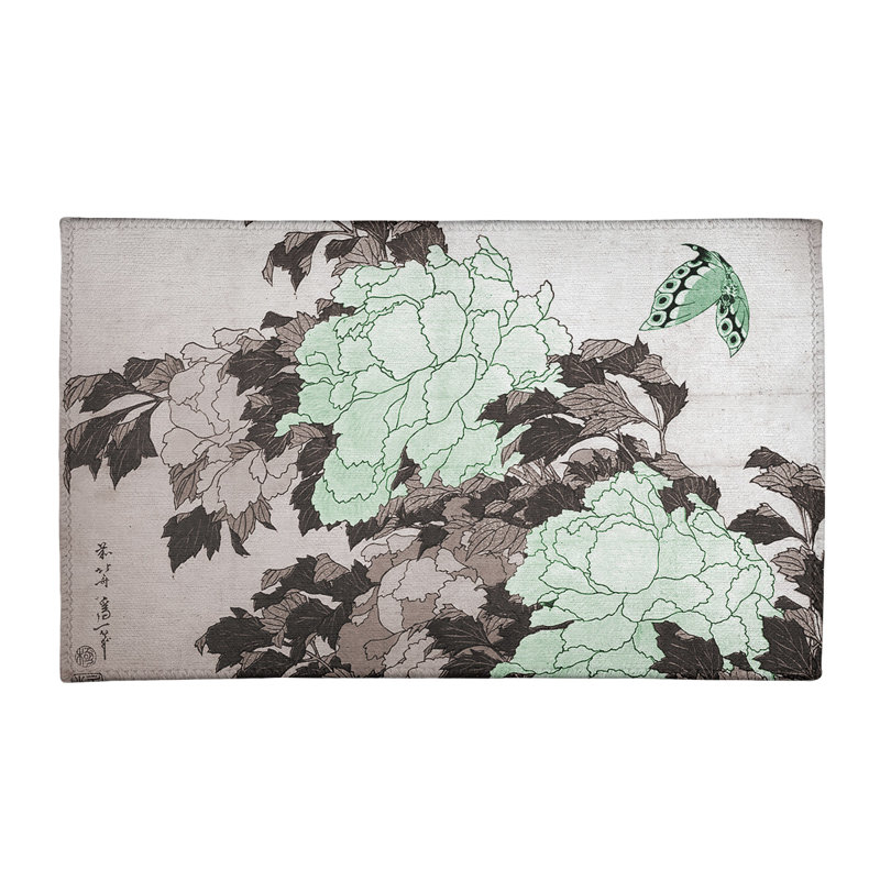 Tapis vert/brun en chenille pivoines et papillon, Rectangle 3 pi x 5 pi