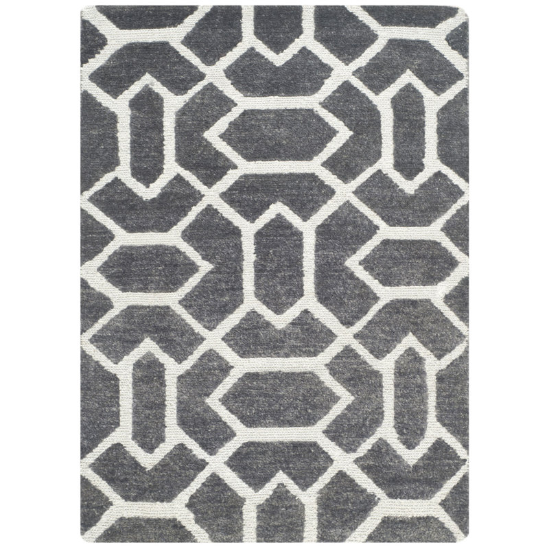 Tapis géométrique en laine noué à la main à motif géométrique blanc / gris, Rectangulaire 2 pi x 3 pi