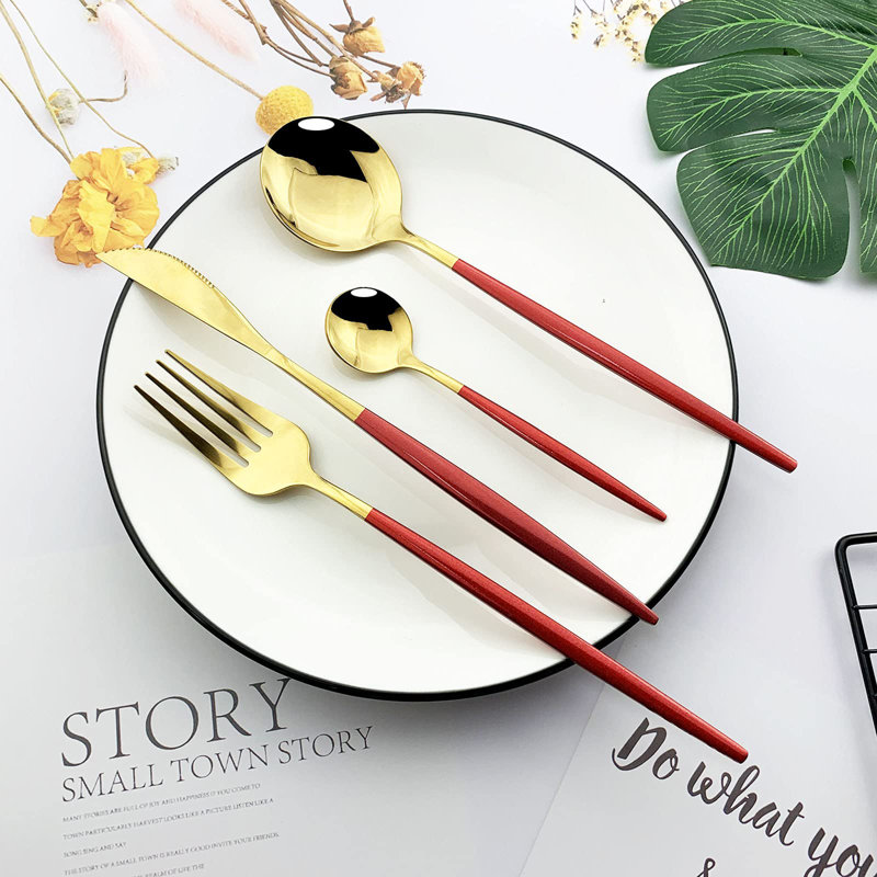 Flatware Serving Set 24 Piece, Red Gold