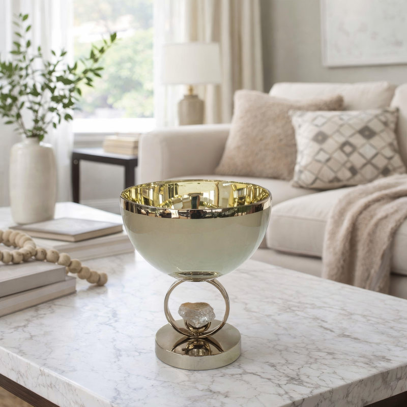 Bol décoratif Chery, anneau ouvert, finition argentée, verre crème 10 pouces
