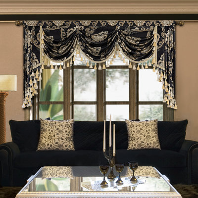 Classic Swag Valance with Tassels, Black Jacquard Waterfall Valance, 79" Window Treatment 1 Panel